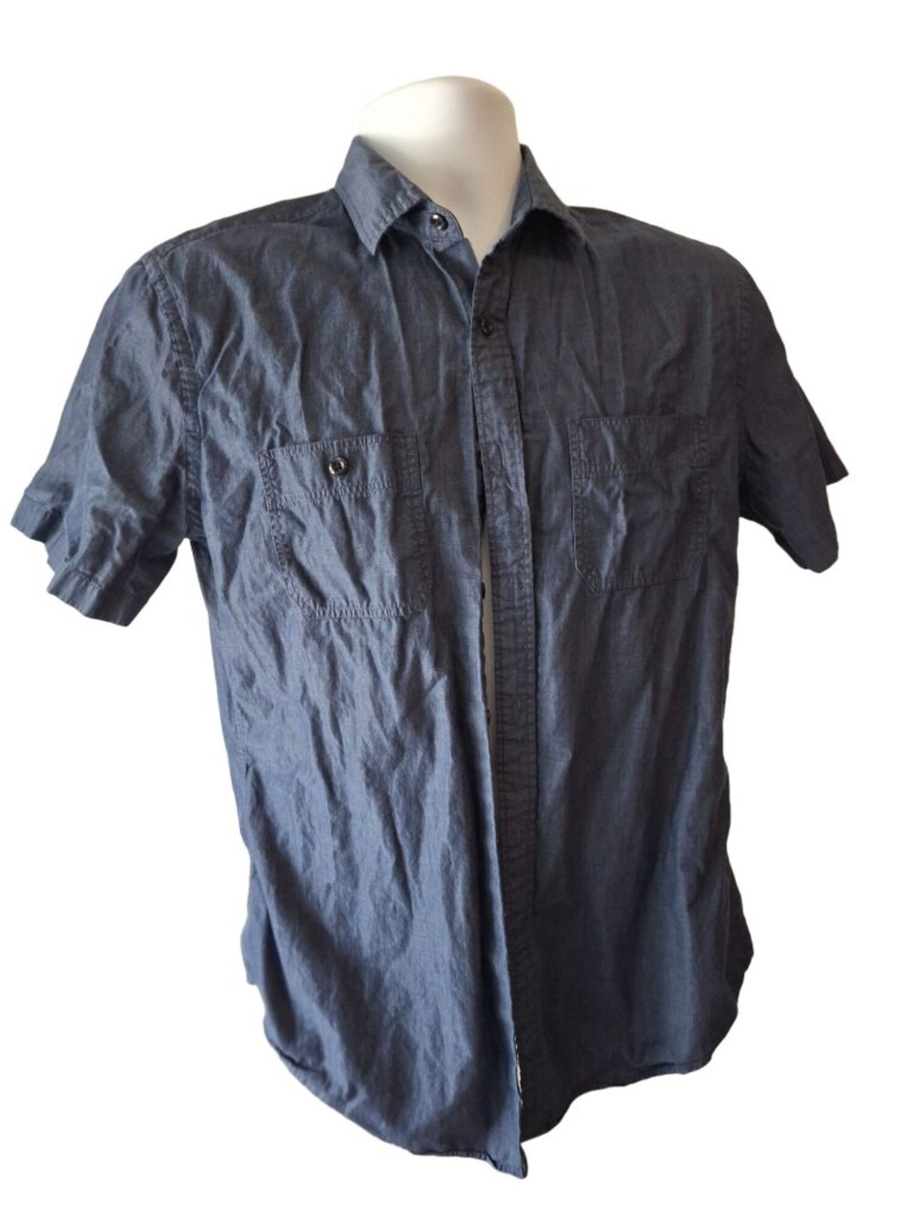 Express Men M Blue Chambray Short Sleeve Button Up Shirt Coastal Workwear Casual